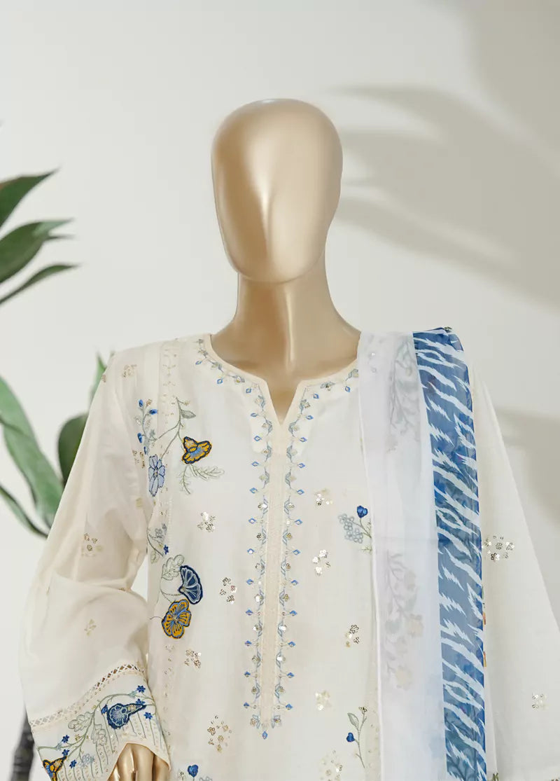 3 Piece White Color Embroidered Lawn Shirt with Embroidered Trouser & Dupatta