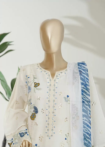 3 Piece White Color Embroidered Lawn Shirt with Embroidered Trouser & Dupatta