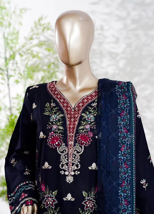 3 Piece Navy Blue Color Embroidered Lawn Shirt with Embroidered Trouser & Dupatta