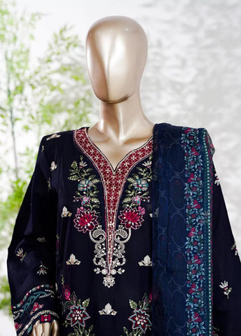 3 Piece Navy Blue Color Embroidered Lawn Shirt with Embroidered Trouser & Dupatta