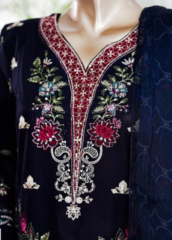 3 Piece Navy Blue Color Embroidered Lawn Shirt with Embroidered Trouser & Dupatta
