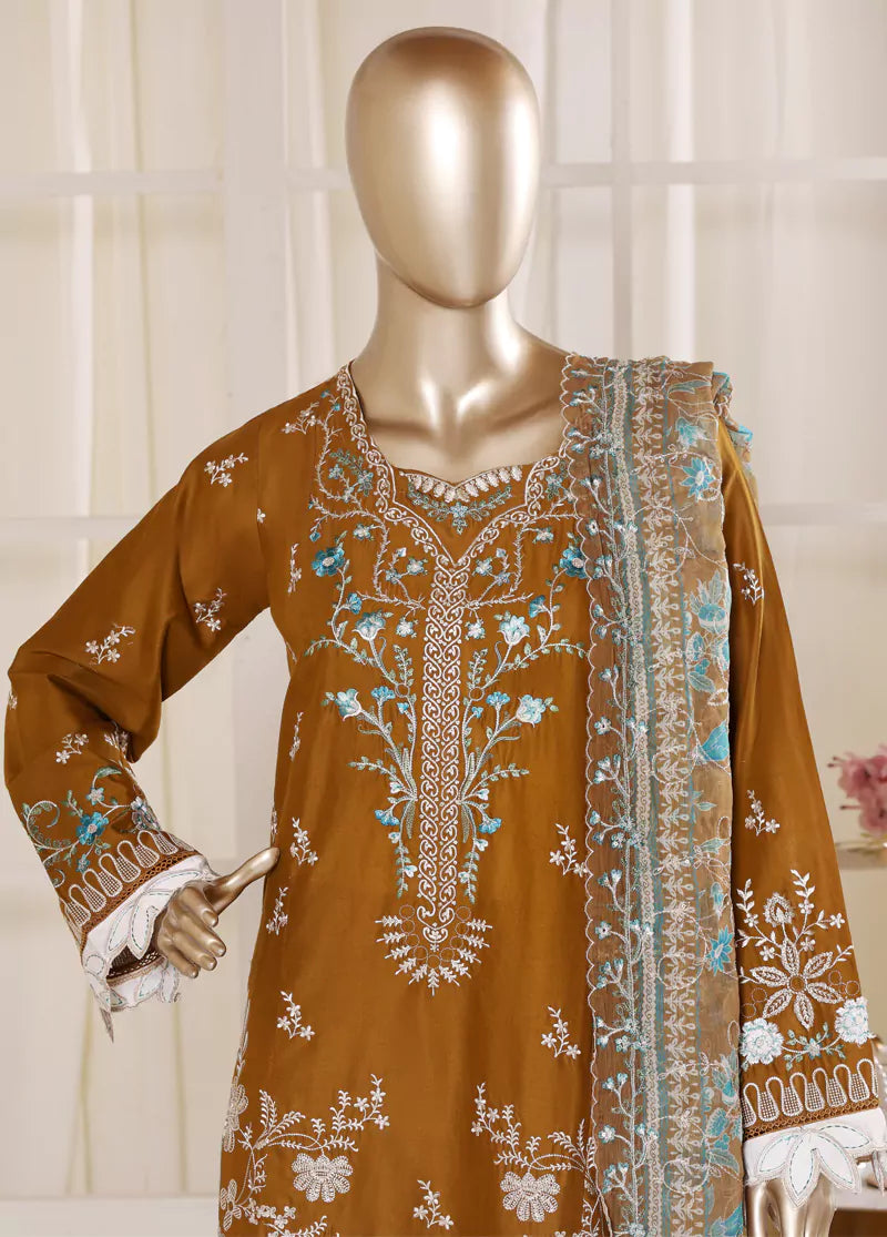 3 Piece Brown Color Embroidered Lawn Shirt with Embroidered Trouser & Dupatta
