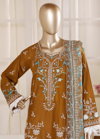 3 Piece Brown Color Embroidered Lawn Shirt with Embroidered Trouser & Dupatta