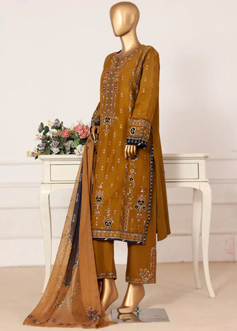3 Piece Rust Color Embroidered Lawn Shirt with Embroidered Trouser & Dupatta