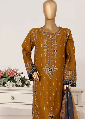 3 Piece Rust Color Embroidered Lawn Shirt with Embroidered Trouser & Dupatta