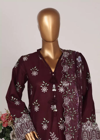 3 Piece Plum Color Embroidered Lawn Shirt with Embroidered Trouser & Dupatta