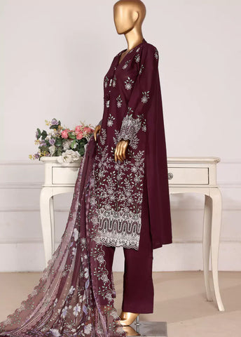 3 Piece Plum Color Embroidered Lawn Shirt with Embroidered Trouser & Dupatta