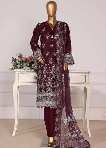 3 Piece Plum Color Embroidered Lawn Shirt with Embroidered Trouser & Dupatta