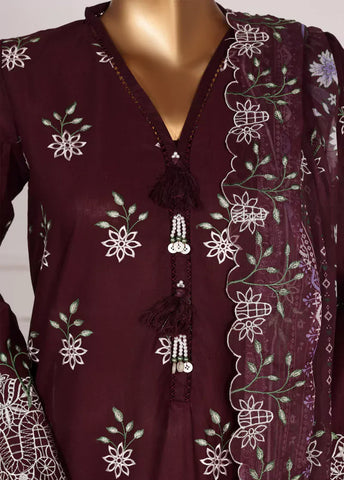 3 Piece Plum Color Embroidered Lawn Shirt with Embroidered Trouser & Dupatta