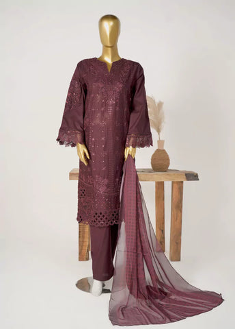 3 Piece Brown Color Embroidered Lawn Shirt with Trouser & Dupatta