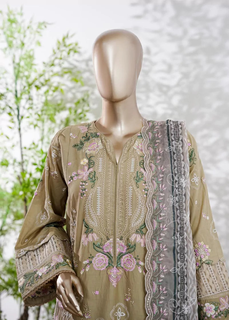 3 Piece Sand Brown Color Embroidered Lawn Shirt with Trouser & Embroidered Dupatta