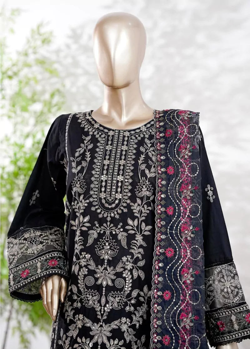 3 Piece Black Color Embroidered Lawn Shirt with Trouser & Embroidered Dupatta