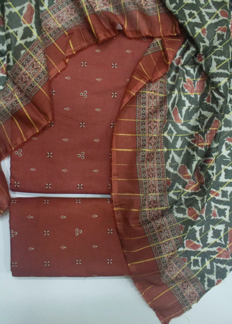 3 Piece Digital Printed Rust Color Unstitched Suit
