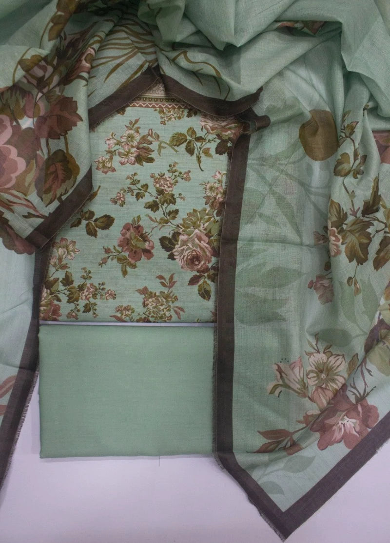 3 Piece Digital Printed Mint Green Color Unstitched Suit