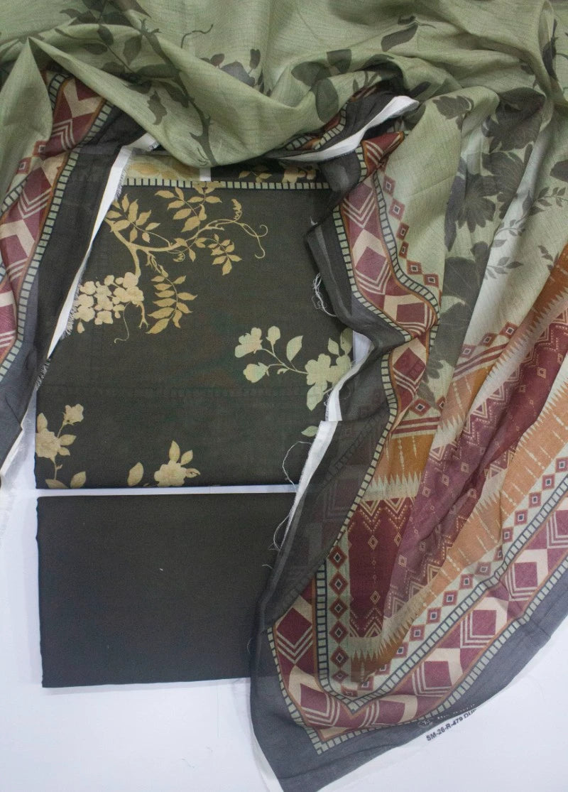 3 Piece Digital Printed Green Color Unstitched Suit