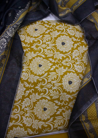 3 Piece Digital Printed Mustard Color Unstitched Suit