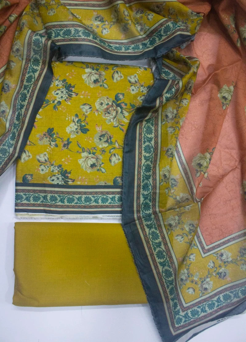 3 Piece Digital Printed Yellow Color Unstitched Suit