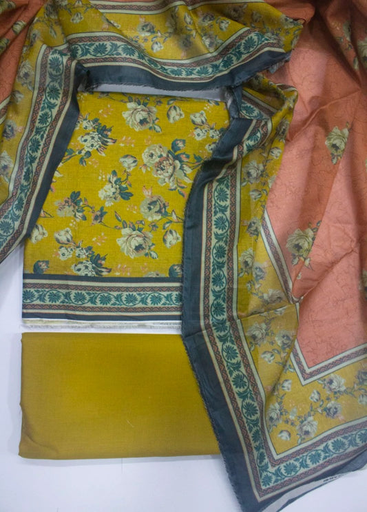 3 Piece Digital Printed Yellow Color Unstitched Suit