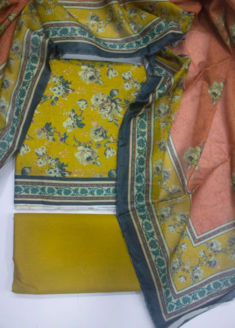 3 Piece Digital Printed Yellow Color Unstitched Suit