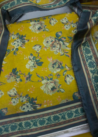 3 Piece Digital Printed Yellow Color Unstitched Suit