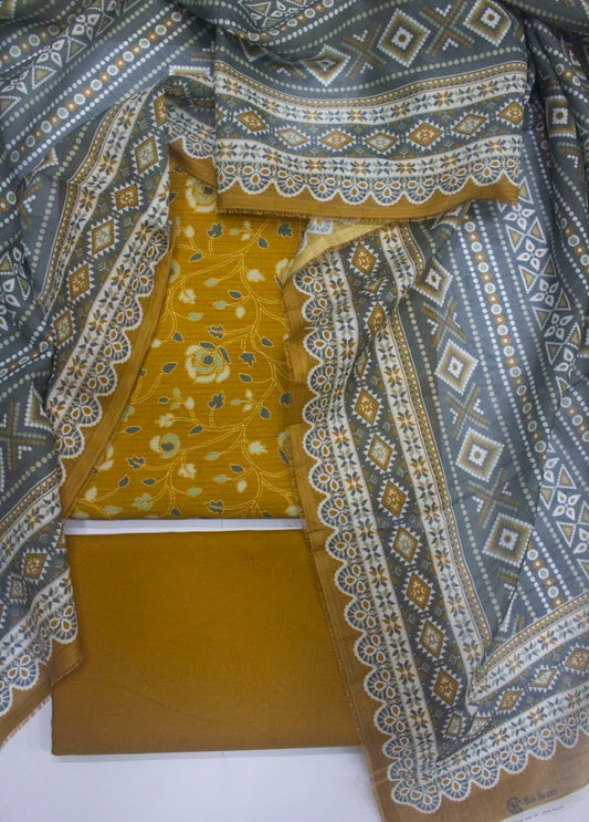 3 Piece Digital Printed Orange Color Unstitched Suit