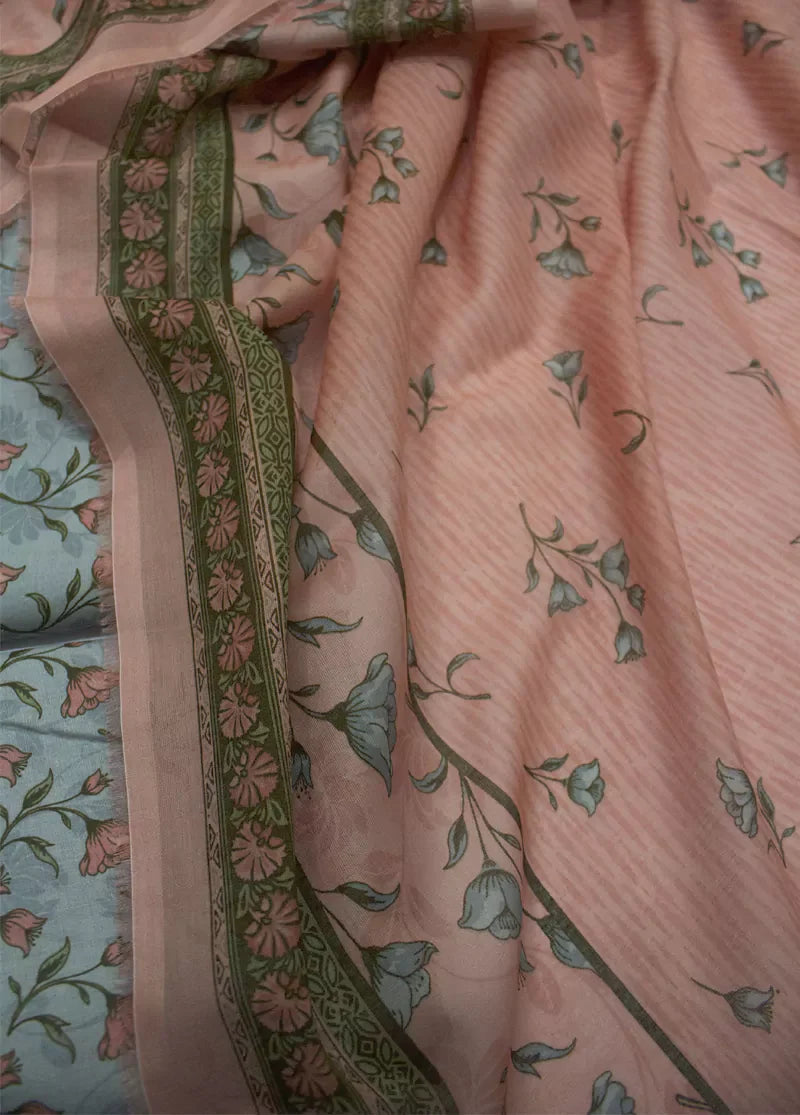3 Piece Printed Blue & Peach Color Lawn Unstitched Suit