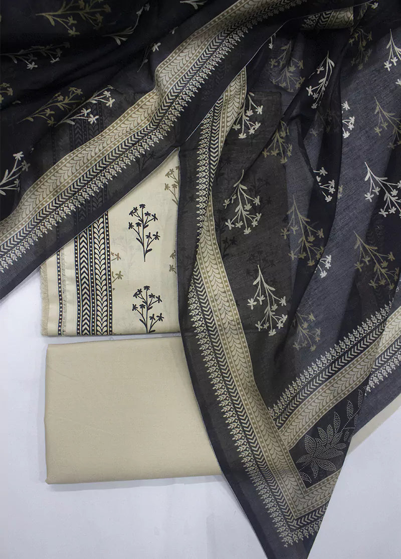 3 Piece Printed Beige & Black Color Lawn Unstitched Suit