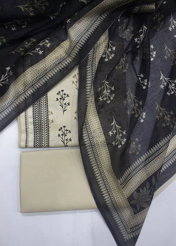 3 Piece Printed Beige & Black Color Lawn Unstitched Suit