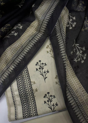 3 Piece Printed Beige & Black Color Lawn Unstitched Suit