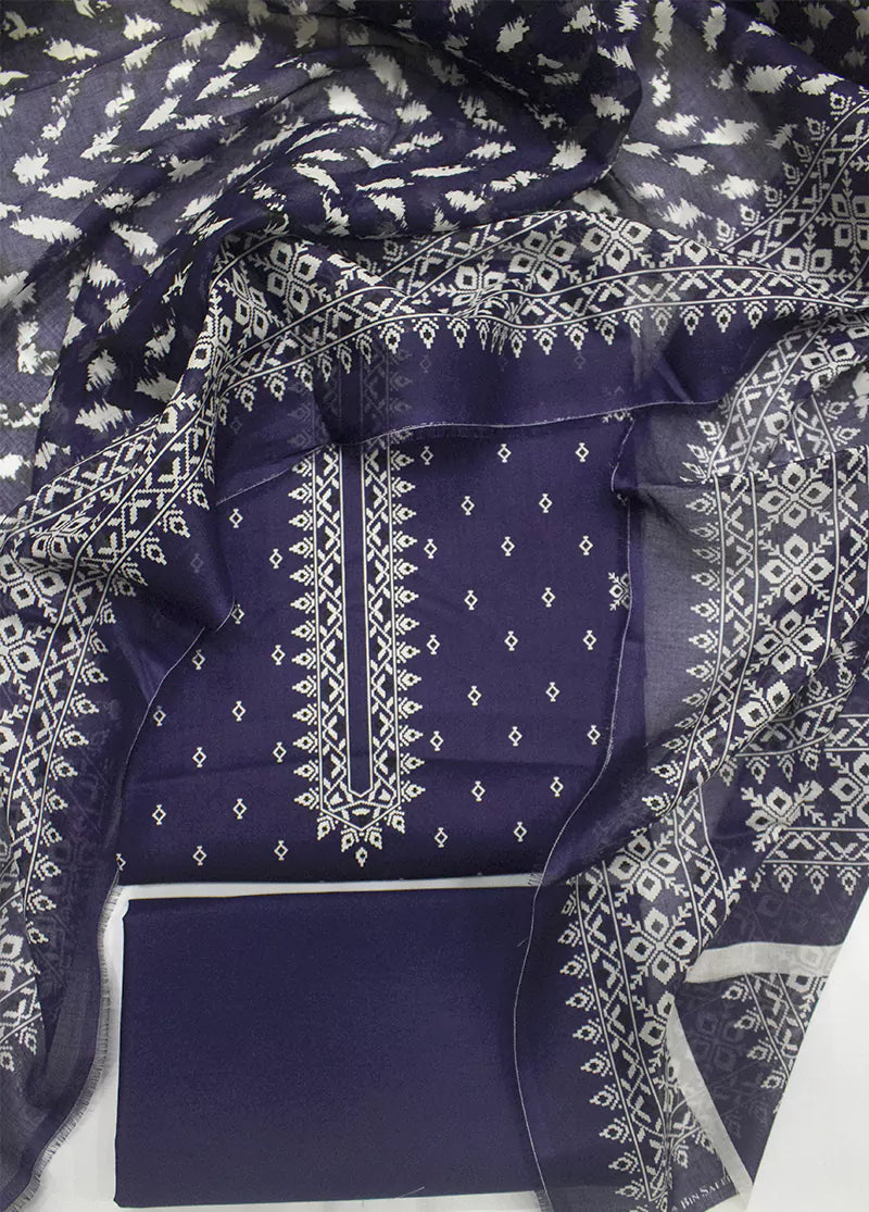 3 Piece Printed Navy Blue Color Lawn Unstitched Suit