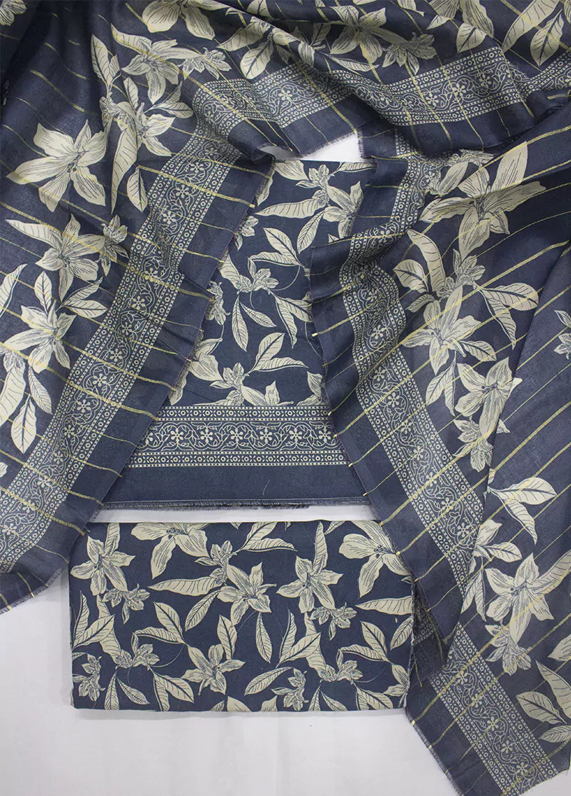 3 Piece Printed Navy Blue Color Lawn Unstitched Suit