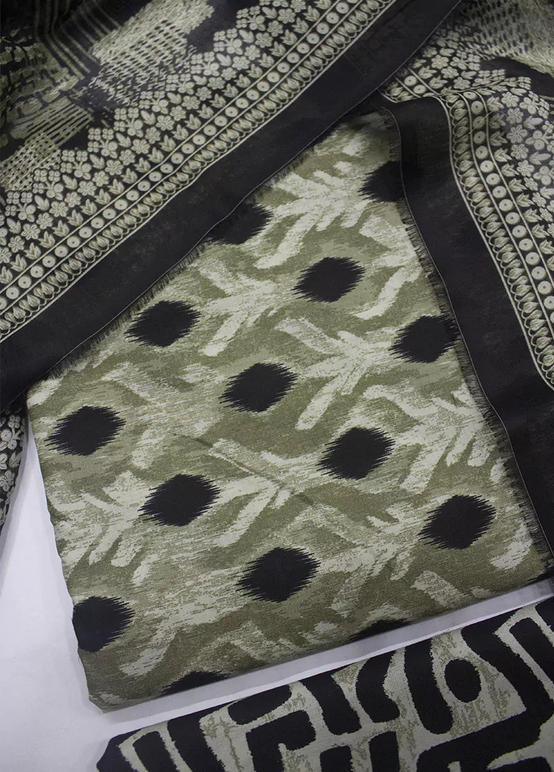 3 Piece Printed Green & Black Color Unstitched Suit