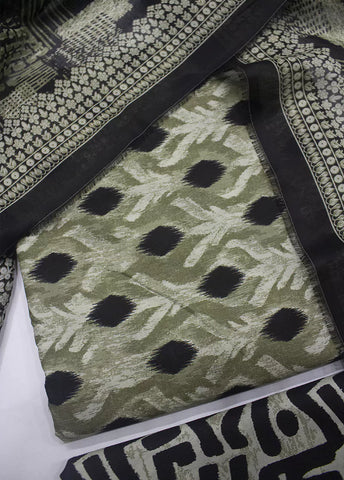 3 Piece Printed Green & Black Color Unstitched Suit