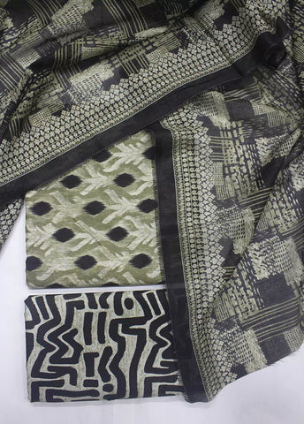 3 Piece Printed Green & Black Color Unstitched Suit