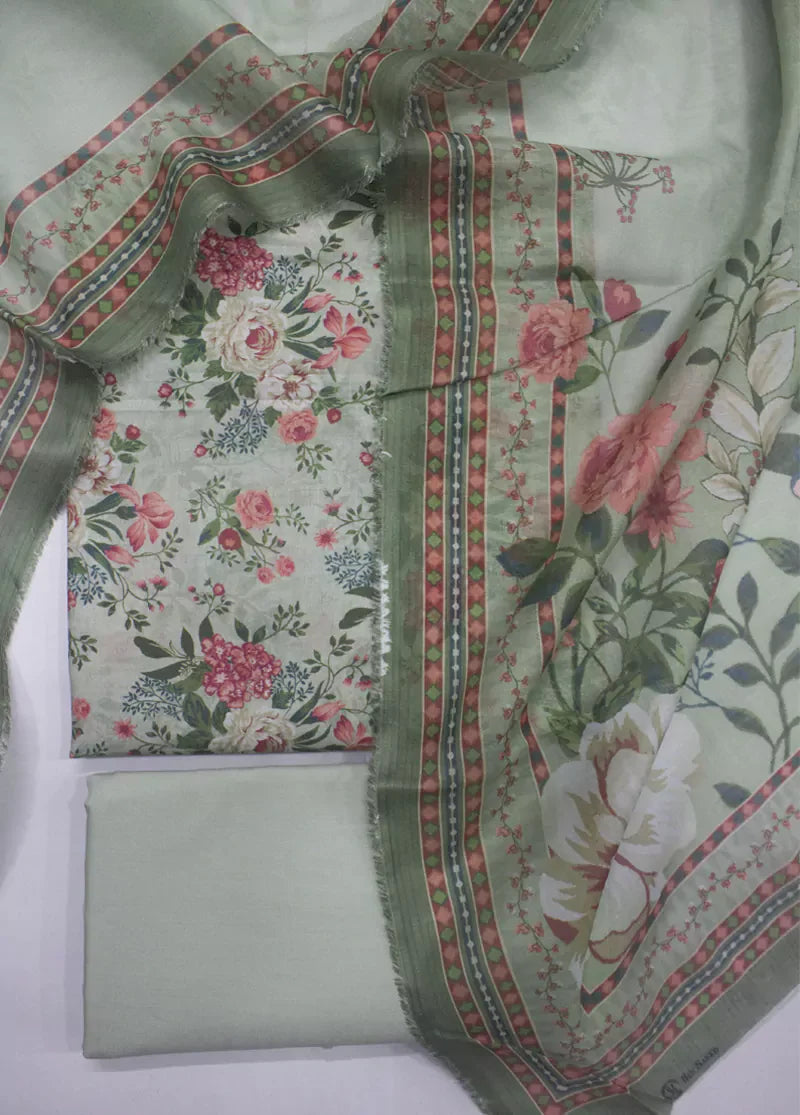 3 Piece Printed Mint Green Color Unstitched Suit