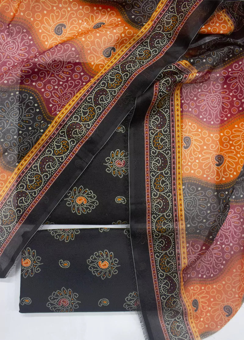 3 Piece Printed Black Color Unstitched Suit