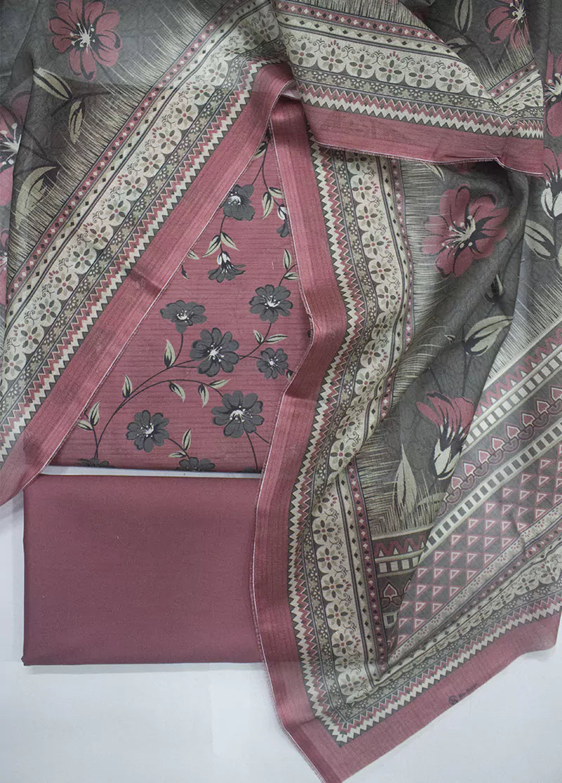 3 Piece Printed Flamingo Pink Color Unstitched Suit