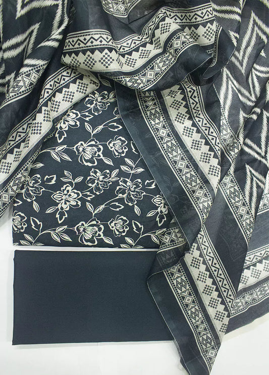 3 Piece Printed Charcoal Color Unstitched Suit