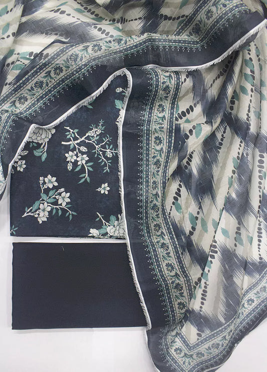 3 Piece Printed Navy Blue Color Unstitched Suit