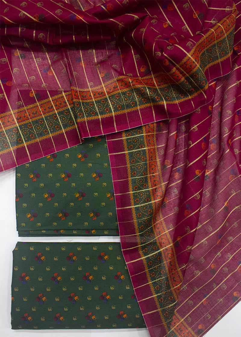 3 Piece Printed Green Color Unstitched Suit