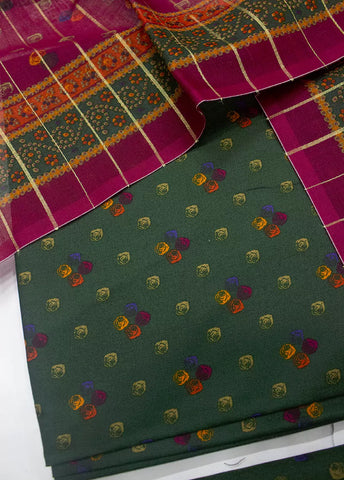 3 Piece Printed Green Color Unstitched Suit