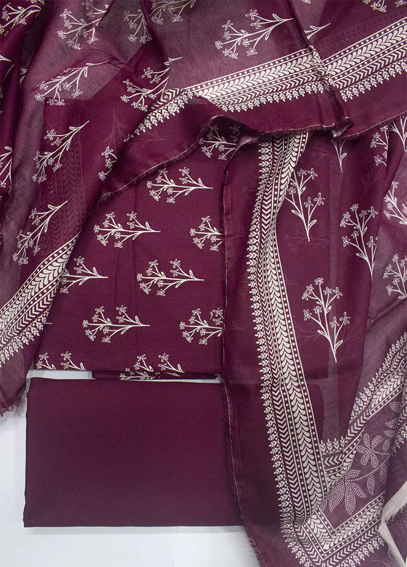 3 Piece Printed Plum Color Unstitched Suit