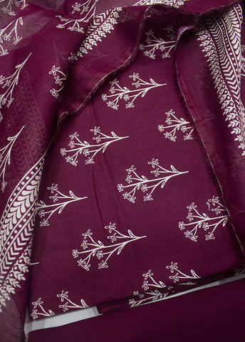 3 Piece Printed Plum Color Unstitched Suit