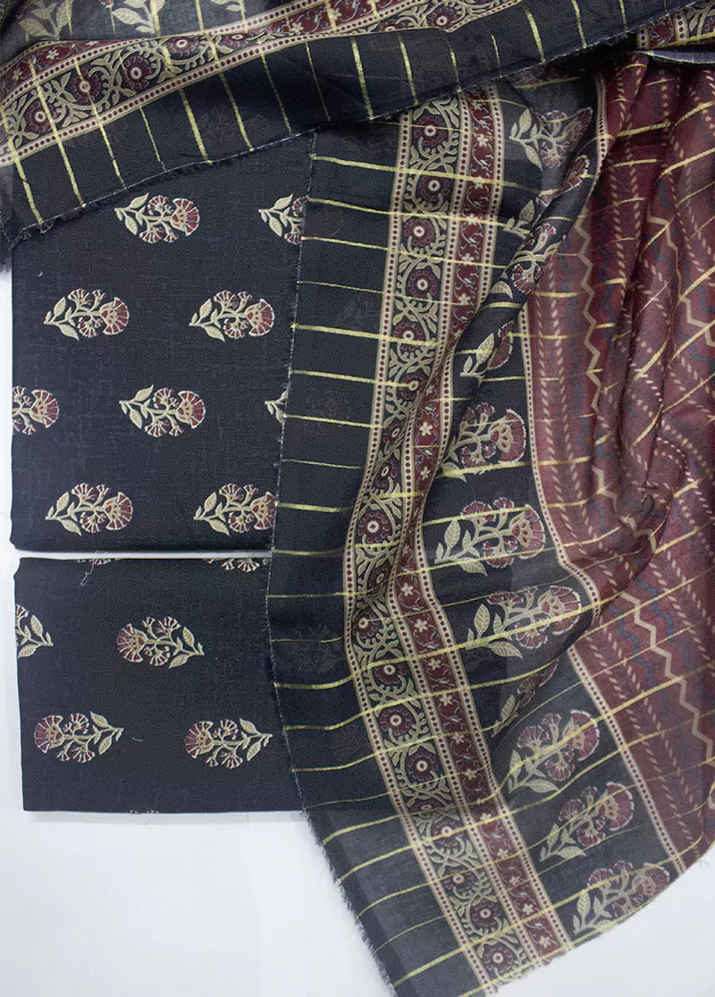 3 Piece Printed Blue Color Unstitched Suit