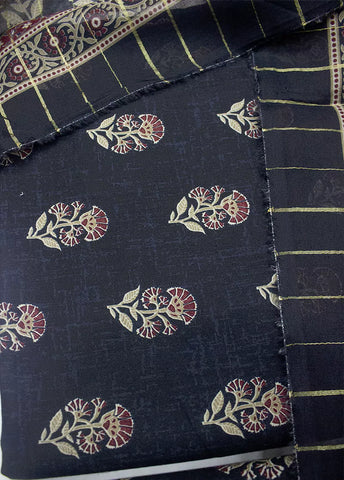 3 Piece Printed Blue Color Unstitched Suit