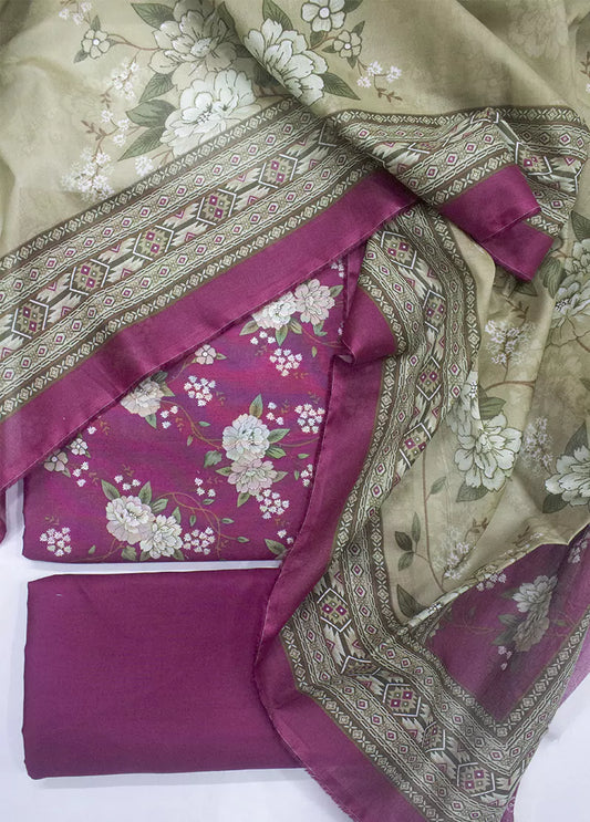 3 Piece Printed Pink Color Unstitched Suit