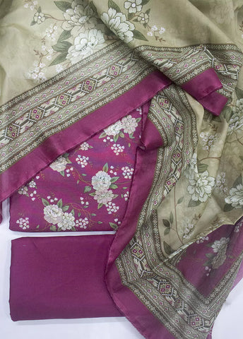 3 Piece Printed Pink Color Unstitched Suit