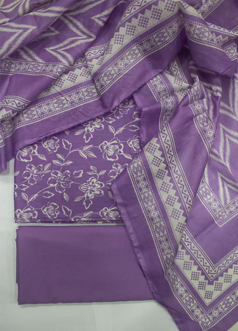 3 Piece Printed Lilac Color Unstitched Suit