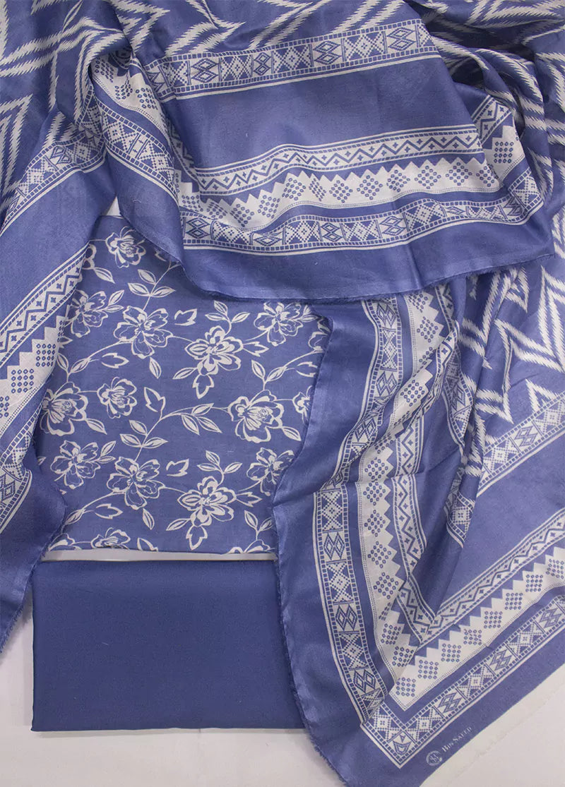 3 Piece Printed Blue Color Unstitched Suit