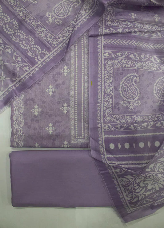 3 Piece Printed Lilac Color Unstitched Suit